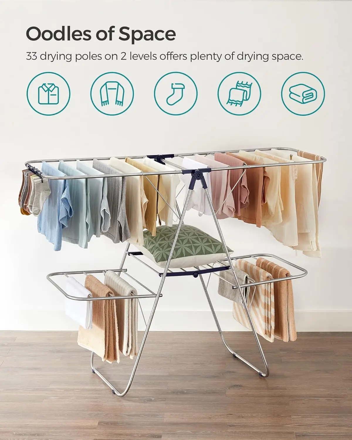 Clothes Drying Rack, Foldable 2-Level Laundry Drying Rack, Free-Standing Laundry Airer, with Height-Adjustable Wings, 33 Drying