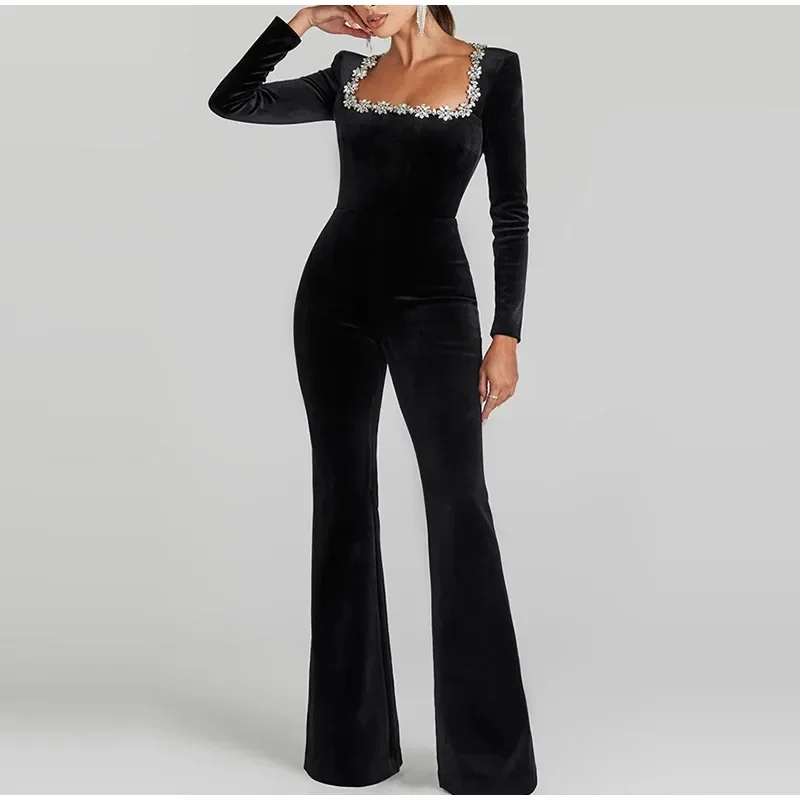 Black Beaded Velvet Jumpsuits For Women One Piece Long Sleeve Square Collar Full Length Jumpsuit Christmas Evening Party Gown