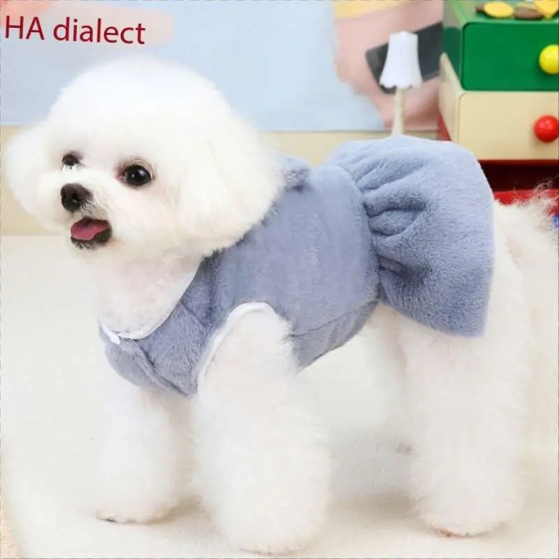 Autumn and winter new bow cat clothes can be pulled solid color cotton skirt cute dog teddy pet plush short skirt