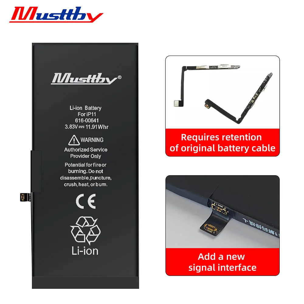 Musttby No BMS Soldering Battery For iPhone 14 13 12 11 Pro Max Phone Batteria No Need Programmer No Pop-up Shows 100% Capacity