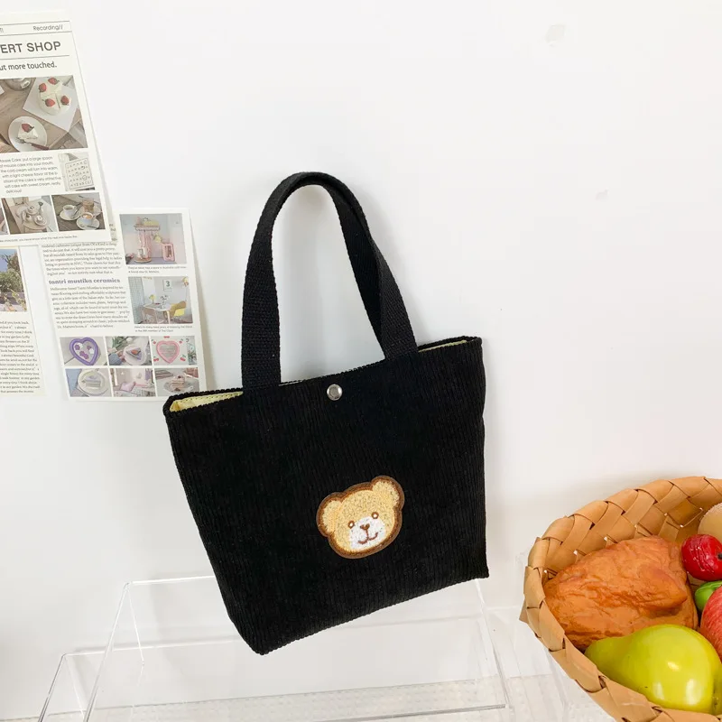 Women Small Corduroy Lunch Bag Eco Canvas Portable Bear Pattern Tote Bags Mini Students Bento Picnic Food Bag Travel Handbags
