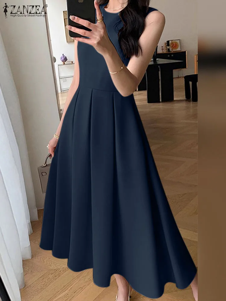 ZANZEA Women Sleeveless Pleated Dress 2025 Summer Korean A-line Tank Evening Dress Elegant Swing Vestido Vintage Party Long Robe 4