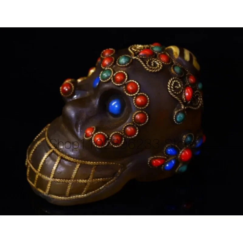 

Chinese Tibet Nepal Crystal Inlaid Gem Buddhist Skull Skeliton Dakani Statue