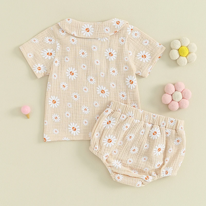 Description Picture 3 of itemBaby Girls Shorts Set Flower Print Short Sleeve T-shirt with Elastic Waist Shorts Summer 2-piece Outfit