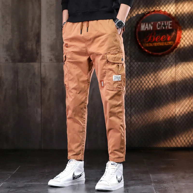 Men's Orange Tactical Cargo Pants Casual Cotton Elastic Waist Drawstring Trousers