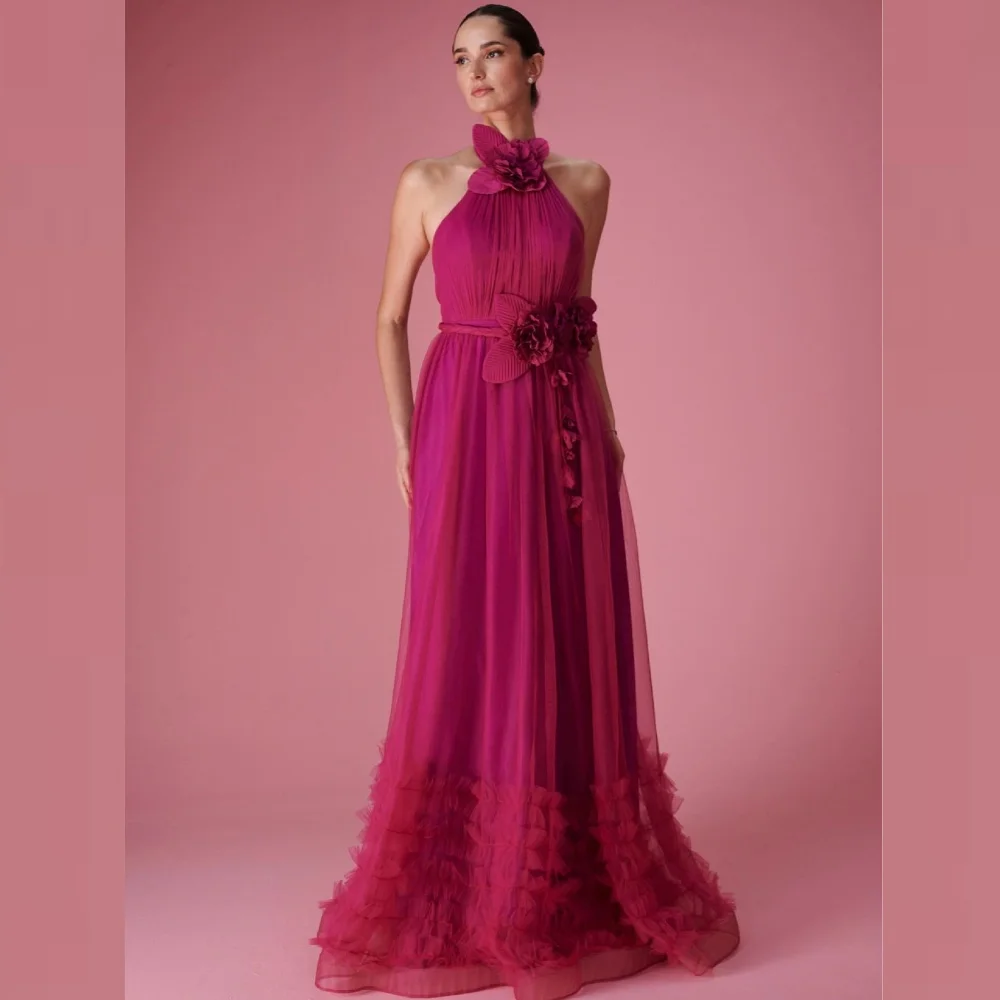 Exquisite High Quality Sparkle Tulle Flower Draped Pleat Christmas A-line High Collar Bespoke Occasion Gown Long Dresses