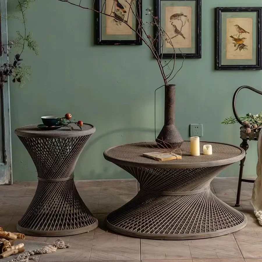 Rattan-woven Minimalist Nature Coffee Table Accent Tea Table Bamboo Cane Round for Living Room