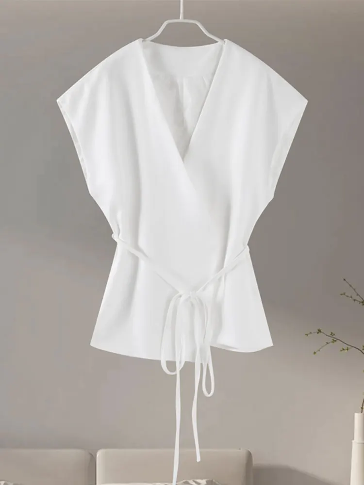 HH Women Vintage Solid Vest With Lace Up Sleeveless V Neck Shirt Summer Female Casual Commuting Chic Top Blouse