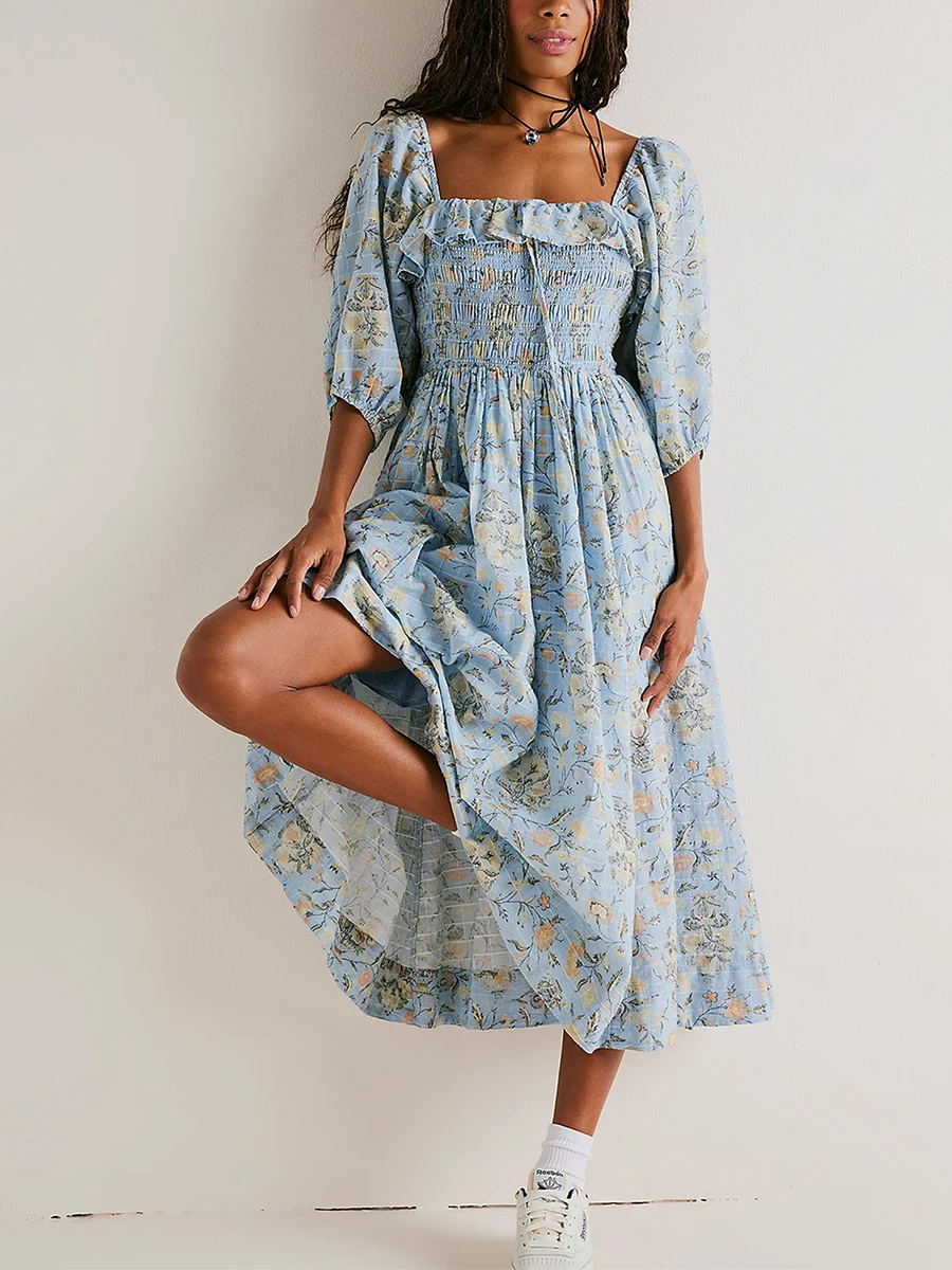 

Thorn Tree Casual Floral Print Dress for Women Square Neck Backless Ruffles Puff Sleeve Dress Spring Summer Holiday Vestido 2023