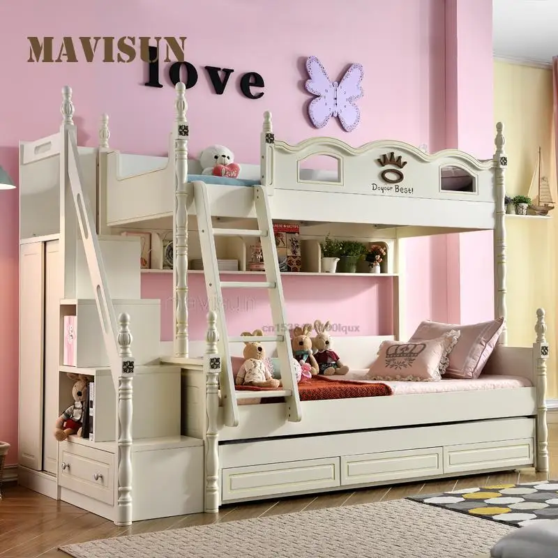 Children's Bunk Bed With Storage Space Small Apartment American Style Multi-Function Bed For Boys And Girls Kids Furniture