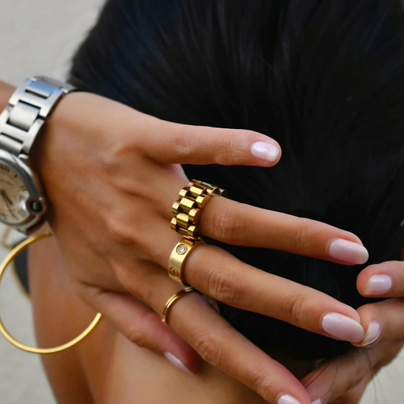 Peri'sbox Solid Gold Color Bold Wide Thick Ring for Women Chunky Link Chain Titanium Steel Strap Finger Rings Jewelry, gold color rings, finger ring, gold color ring, chain ring