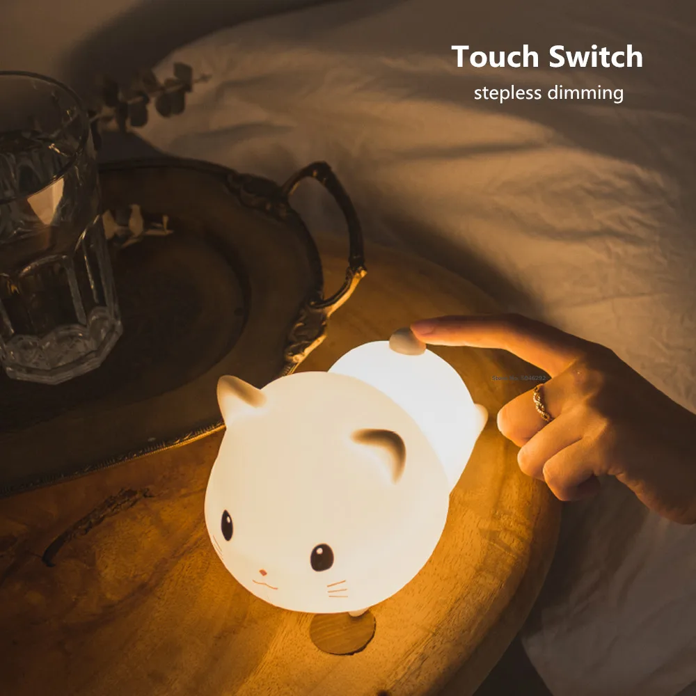 

Touch Sensor 2 Colors Dimmable Timer Rechargeable Bedroom Bedside Lamp for Children Kids Baby Gift Silicone Cat LED Night Light