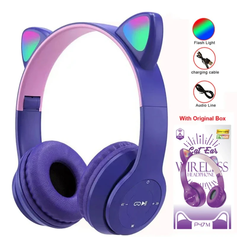 Auriculares inalámbricos con Bluetooth para niños y niñas, audífonos con orejas de gato para juegos, cascos con luz brillante, bonitos audífonos deportivos para música, regalos