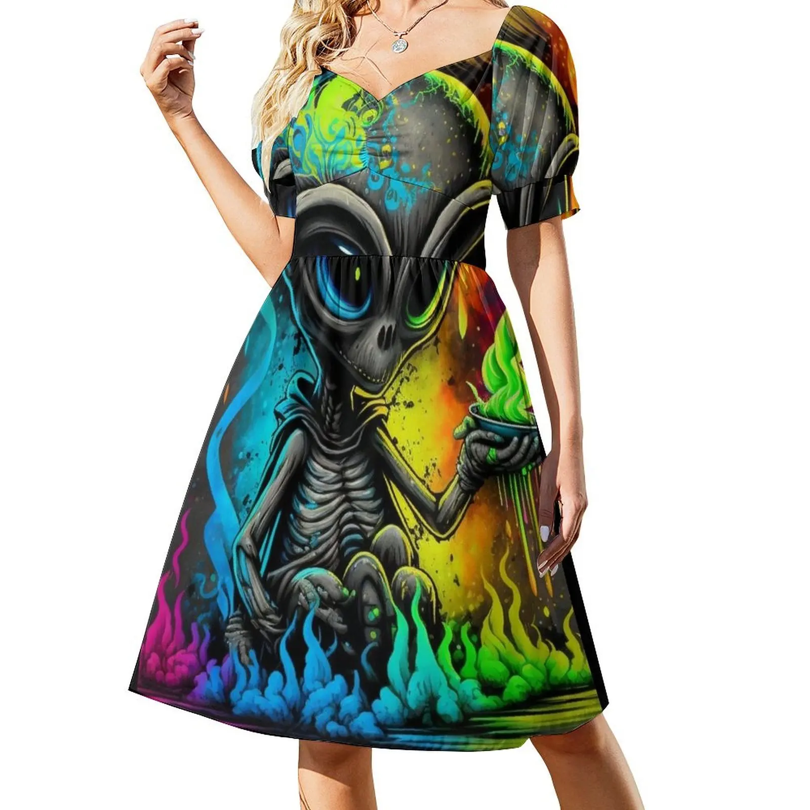 thumbnail image 1 of Vestido de manga corta con pintura salpicada de extraterrestre, vestidos largos con velo, vestidos para fiesta de bodas, vestido elegante de lujo para mujer, 1 of 7