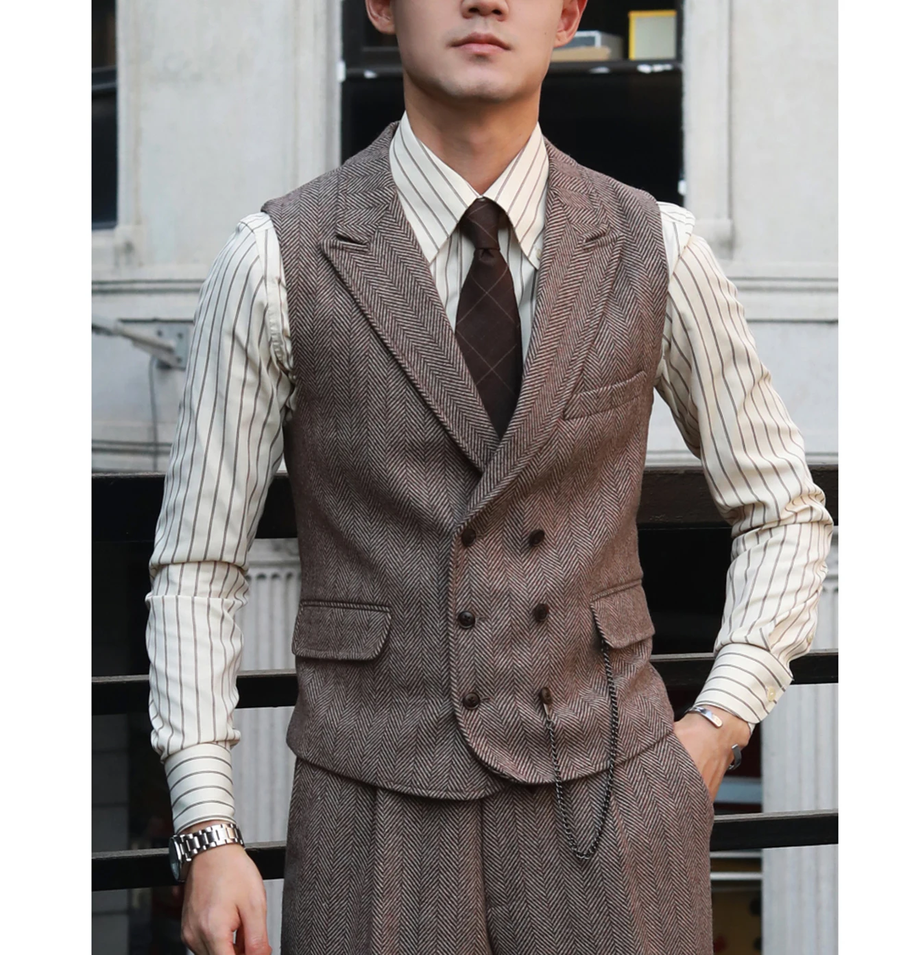 2 Pieces Herringbone Fabric Silm Fit Double-Breasted Men's Suits Causal Business Waistcoat Groom For Wedding（Vest+Pants）