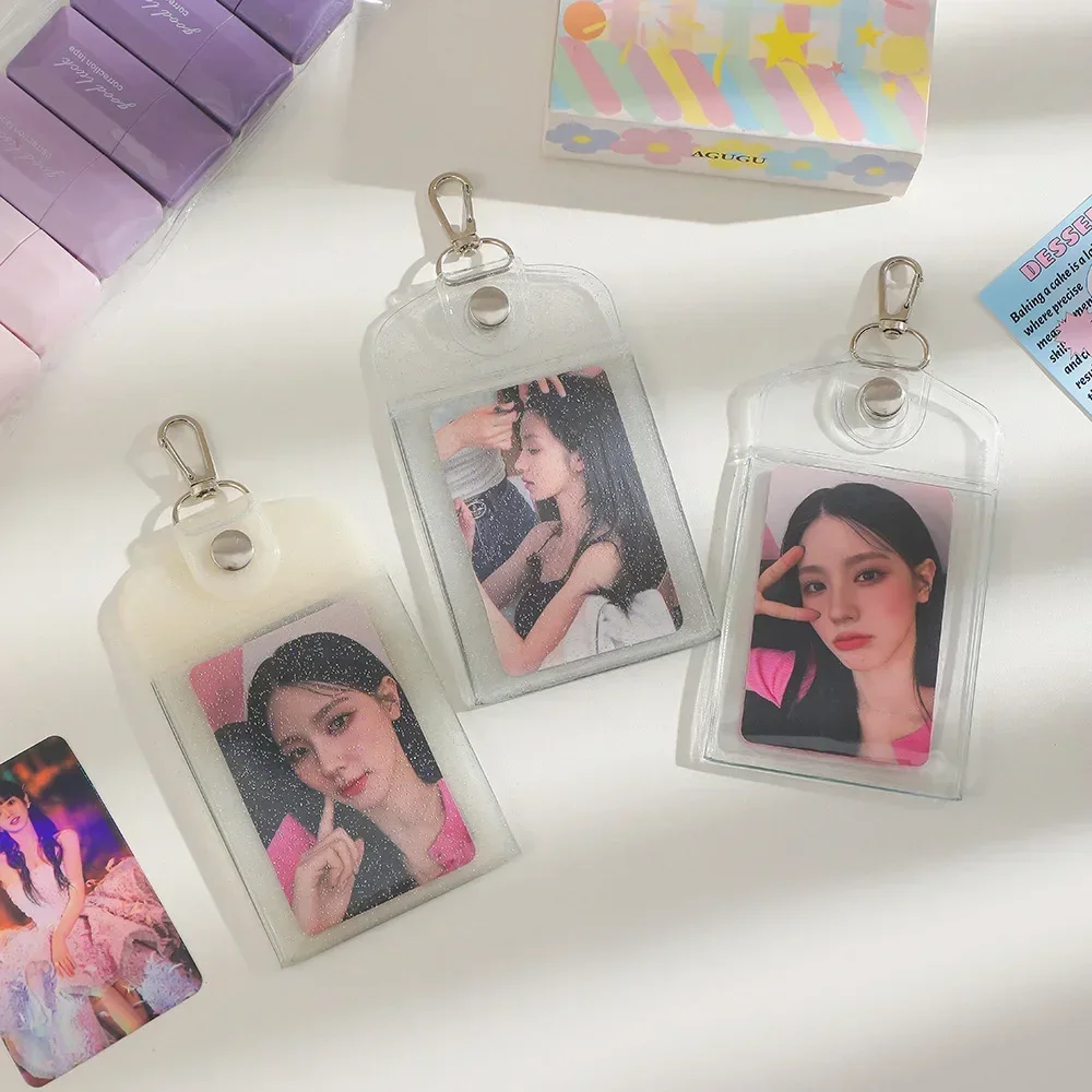 Glittery PVC 3inch Card Holders Student Campus Card Protect Cover 4pc Card Space With Keyring 2