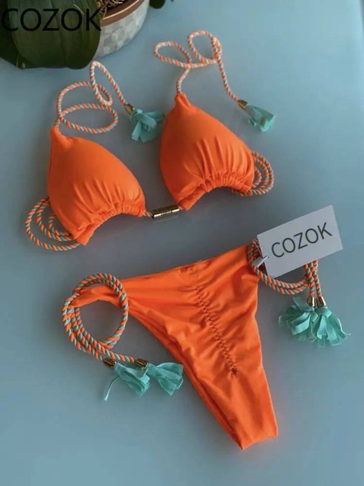 2023 New European American Bikini Women's Solid Color One-piece Bow Sexy Bikini Breast Wipe Swimsuit Swimwear for Women