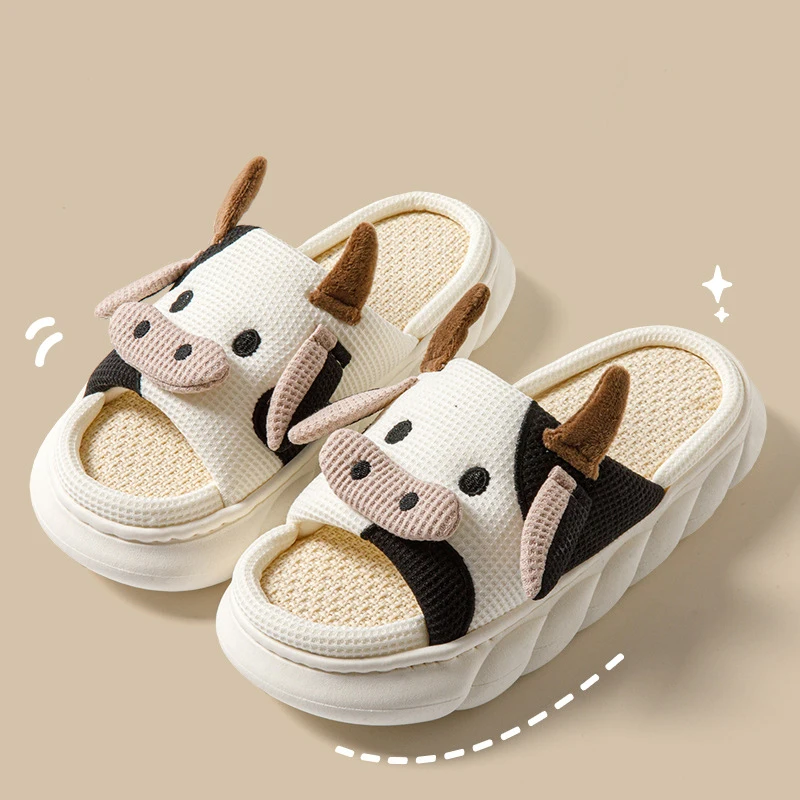 Cute Cartoon Cow Unisex Linen Slippers Spring Summer Slides Mule Men And Women Home Shoes Non-slip Flip Flops For Four Seasons 5