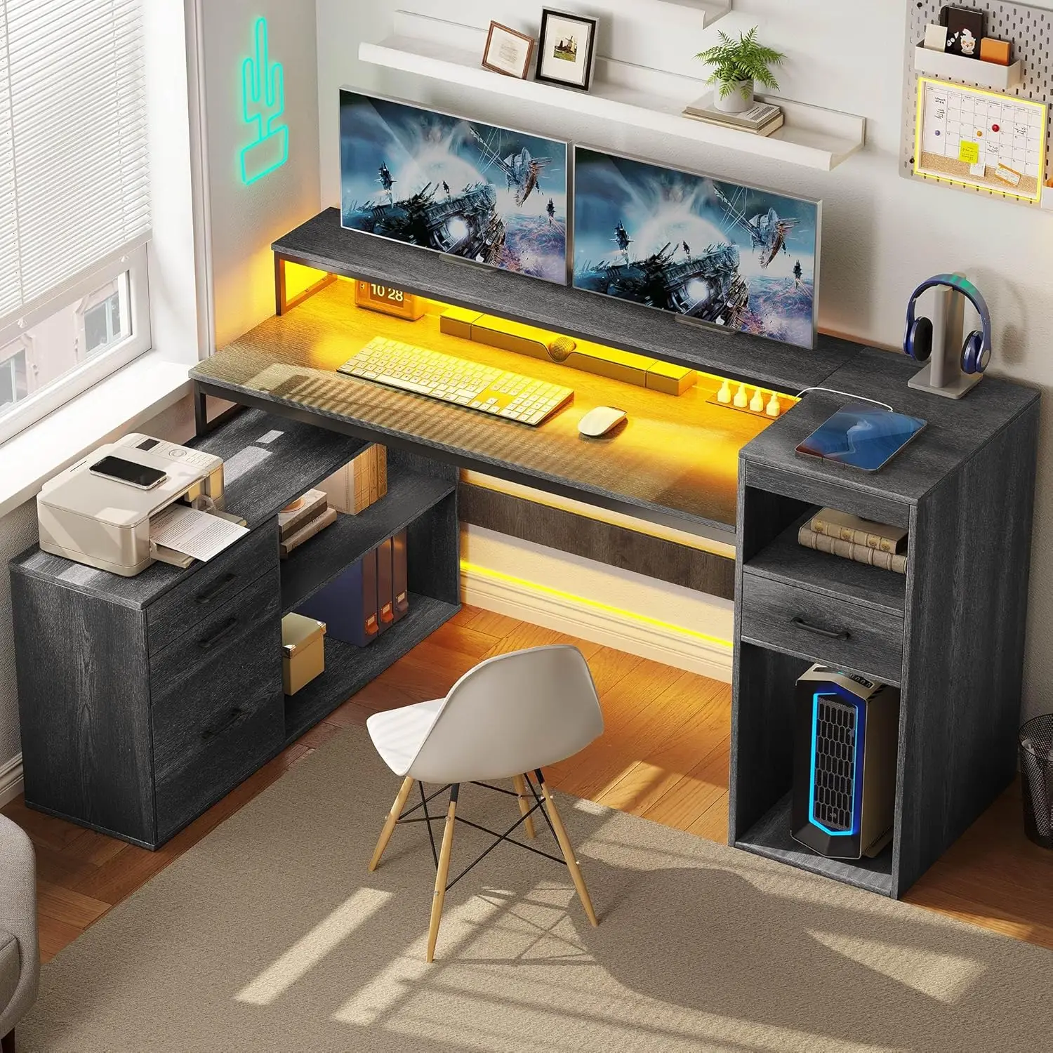 Farmhouse L Shaped Desk with Drawers 59" Corner Computer Desk with Power Outlets LED Lights Wood L-Shaped Desk with File Cabinet