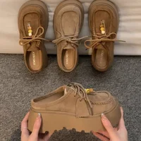 2025 Women's Suede Platform Mules - Cute Smiley Pin Decor Lace-up Loafers Thick Sole Fashion Casual Slip-on Shoes - Image 4
