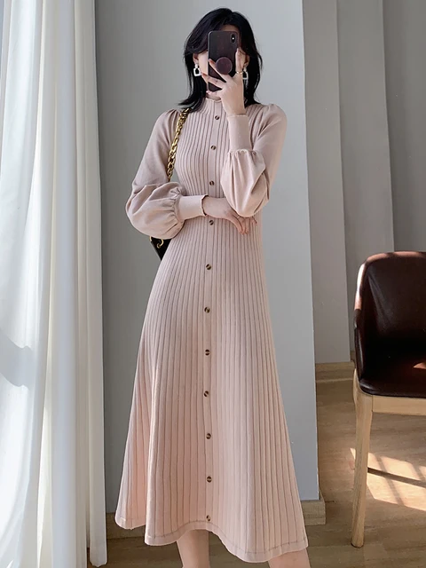 Qoerlin Rib Turtleneck Dresses For Women 2022 Korean Fashion Retro Simple  Wrinkle Elastic Waist A-line Long Sleeve Dress Buttons - Dresses -  AliExpress