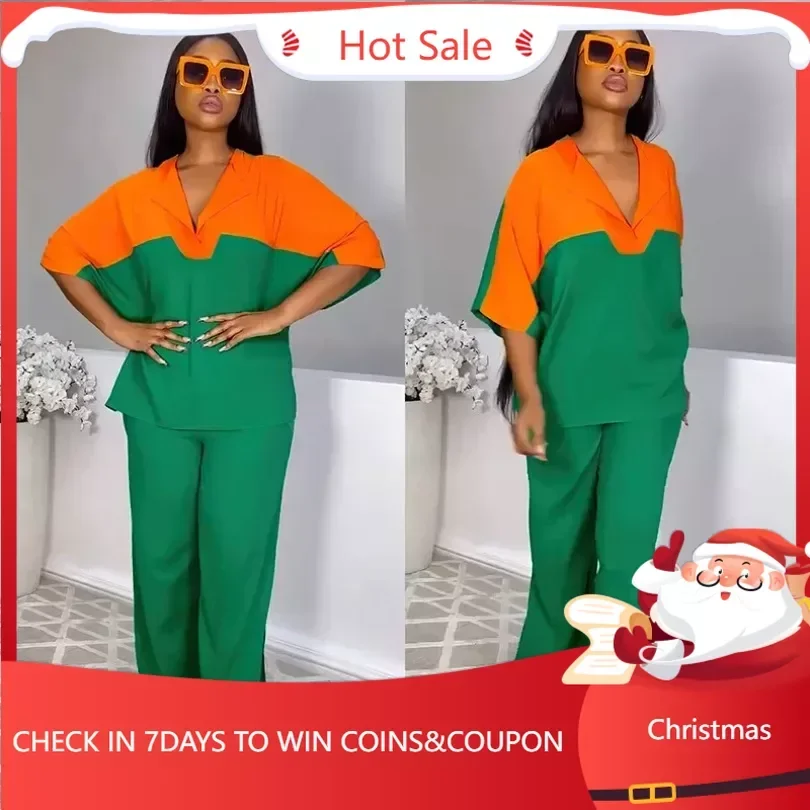 

2 Piece Set African Clothes for Women Summer 2024 African Half Sleeve V-neck Top Long Pant Matching Sets Dashiki Africa Clothing
