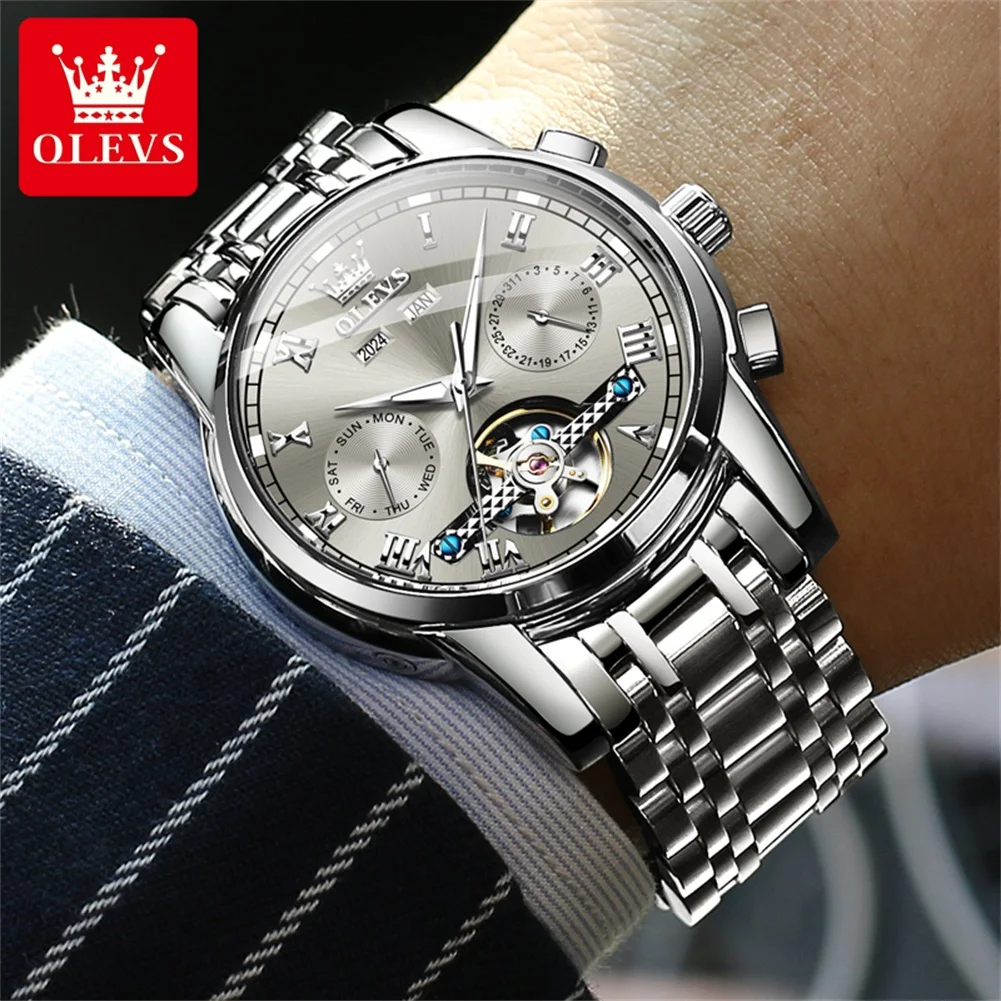 OLEVS 6607 Watch For Men Roman Scale Hollow Skeleton Man Mechanical Wristwatch Waterproof Luminous Week Calendar Original Watch