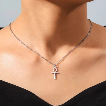 LIKGREAT Vintage Stainless Steel Ankh Cross Egyptian Amulet Pendant Necklace Religious Collar Chain Jewelry for Women Men