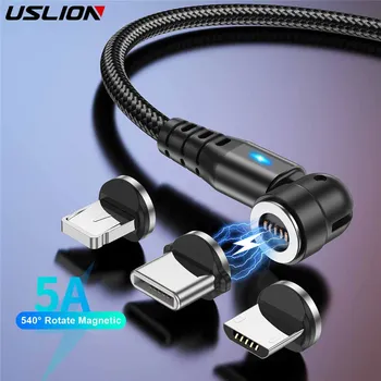 USLION 540 회전 마그네틱 케이블, 고속 충전 마이크로 USB C 타입 케이블, 아이폰 14 샤오미 데이터 USB 코드 와이어 케이블, 5A