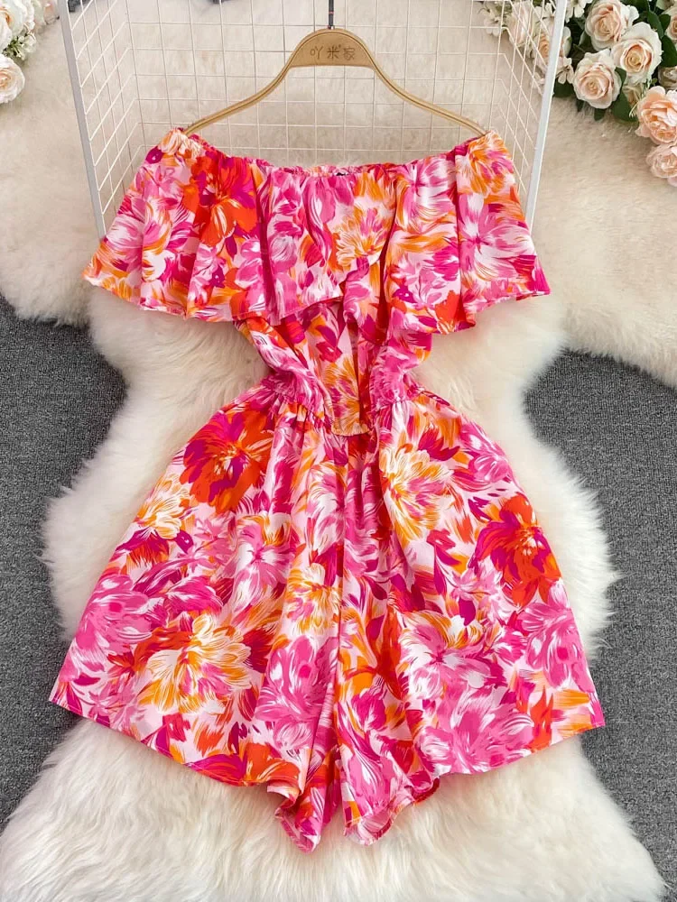 

Women Summer Jumpsuits Temperament Off Shoulder Waist Wrap Print Beach Vacation High Waist Wide Leg Short Jumpsuit D5655