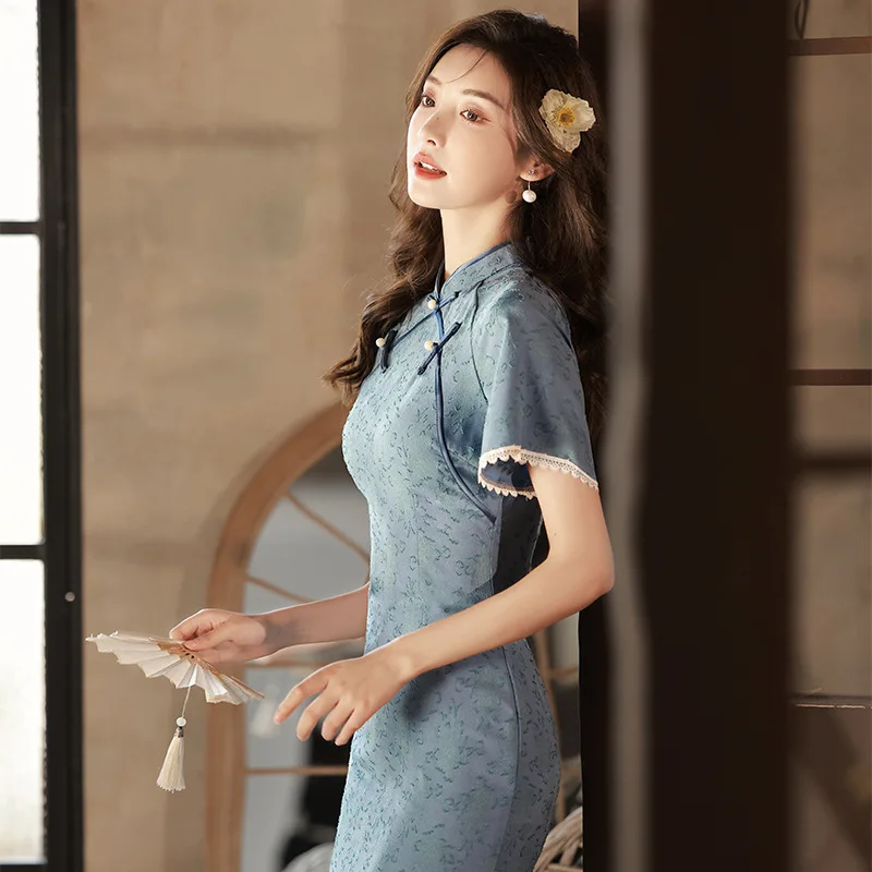 

Improved Qipao 2023 Summer Blue Young Girls Elegant Cheongsam Chinese Traditional Style Evening Performance Dress for Women