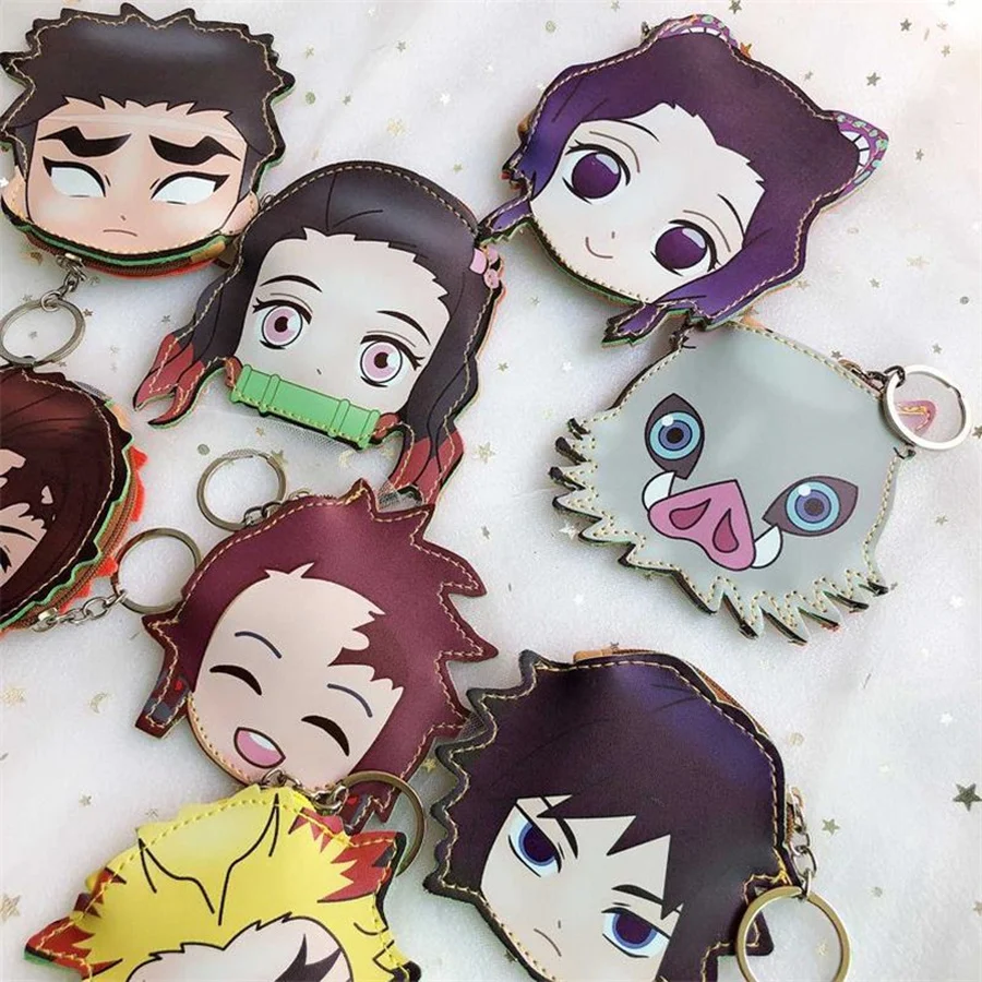 Anime wallet keychain Kimetsu No Yaiba Kamado Nezuko Hashibira Inosuke coin wallet purse keychain PU cartoon wallet key pendant