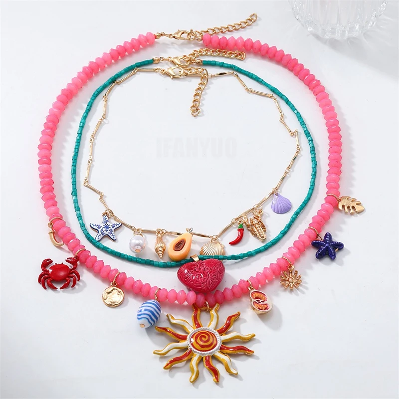 2025 New Colorful Resin Beaded Charms Necklaces for Women Summer Ocean Vacation Style Beach Party Jewelry Neck Accessories 1