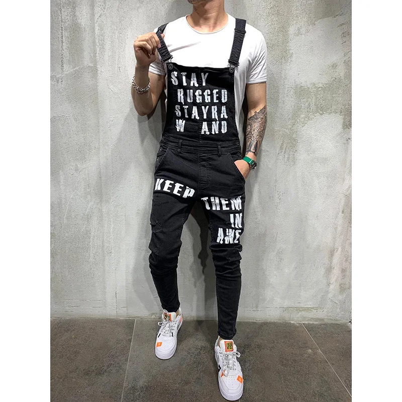 Men Jeans Men Suspenders Denim Jumpsuit Letters Denim Trousers Fashion Overalls Men's Ripped Printed Jeans Men Streetwear