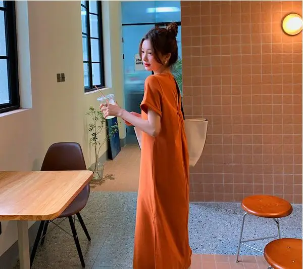 Casual Backless T Shirt Dress Summer New Round Neck Short Sleeve Solid Color Loose Midi Dress Fashion Trend Women Clothing