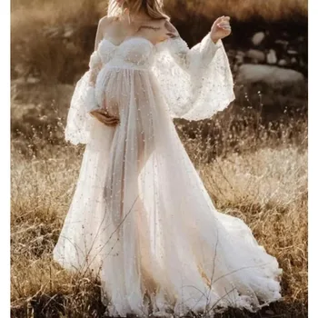 Maternity Shoot Dresses Dense Pearl White Yarn Dress Pregnancy Photography Gown Pregnant Women Maxi Dress For Photo Props 1241