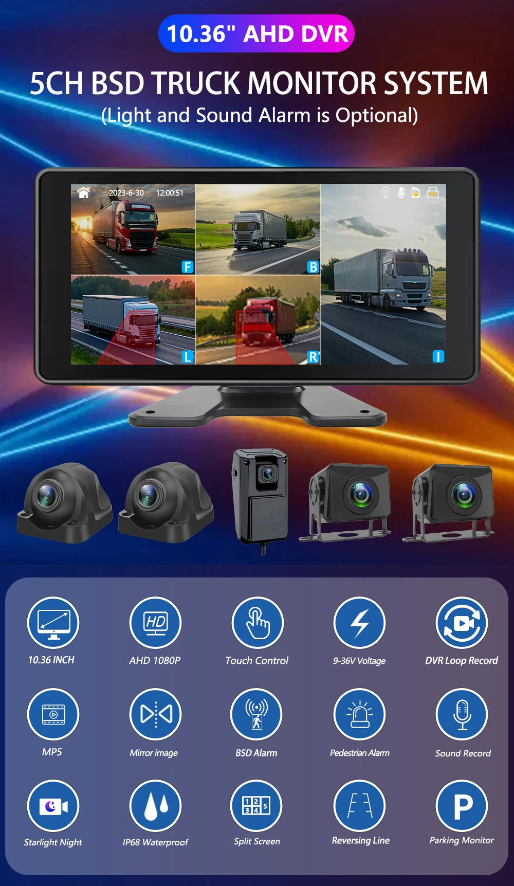 10.36 بوصة 5 قناة شاحنة نظام مراقبة الكاميرا BSD إنذار MP5 شاشة تعمل باللمس DVR مسجل فيديو السيارة AHD 1080P كاميرات عكسية