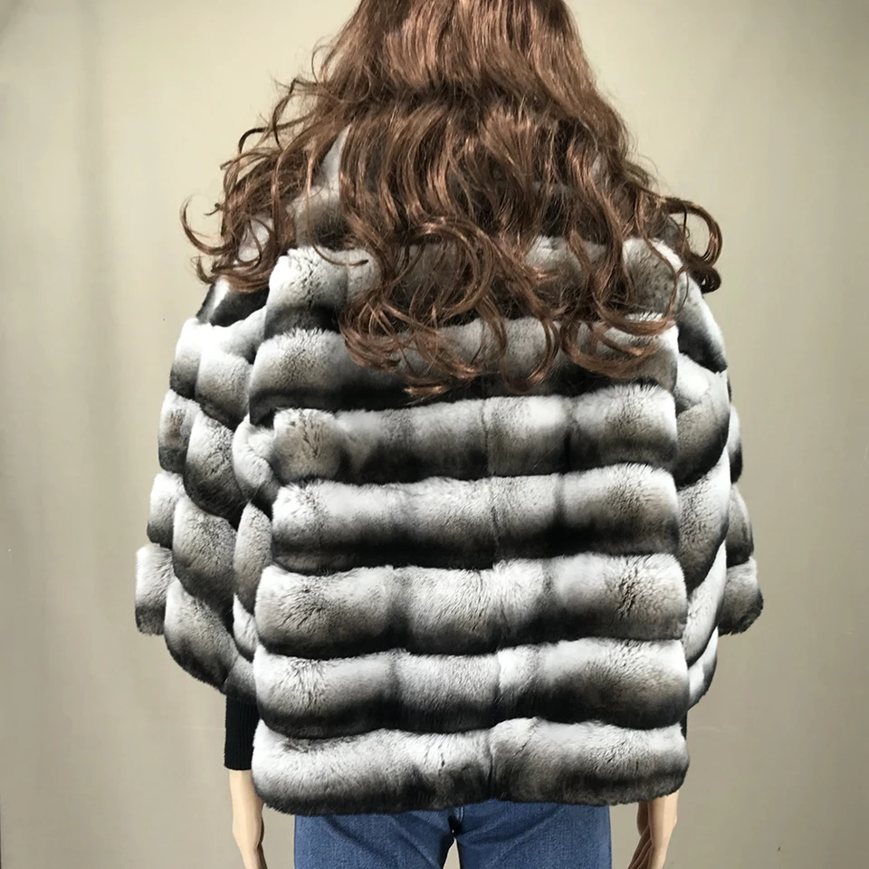 Natural Rex Rabbit Fur Coat Chinchilla Color Stripe Jacket with 
