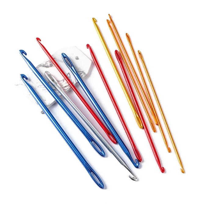 Knitting Hook DIY Aluminum Crochet Hook Afghan Tunisian Knit Tool with Needle Eye 3 Colors Sewing Needle 3Pcs