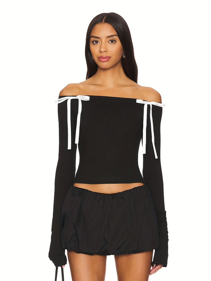 Hot Simple Style Black One-Shoulder Bow Long Sleeve Top Elegant Y2k Cropped T-Shirt Korean Reviews Many Girls Clothes 2025 New