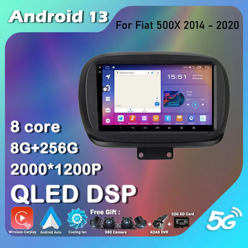 

Android 13 QLED/IPS 4G LTE Auto Video For Fiat 500X 2014 - 2020 Car Radio Multimedia Video Player GPS Navigation Track Carplay
