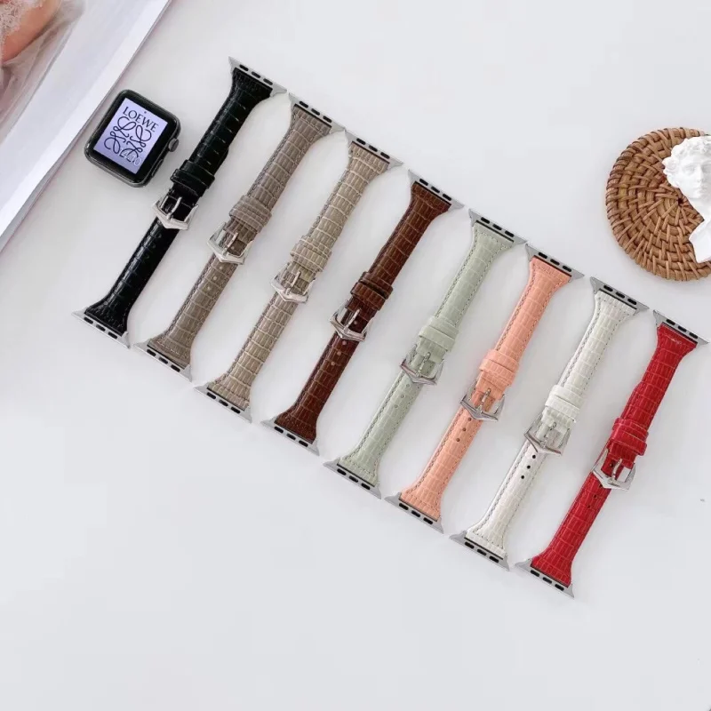 

Fhx-xj Suitable for Apple Watch 38-44mm strap Slim small waist crocodile pattern leather strap iwatch6 5 4 3 SE bamboo strap
