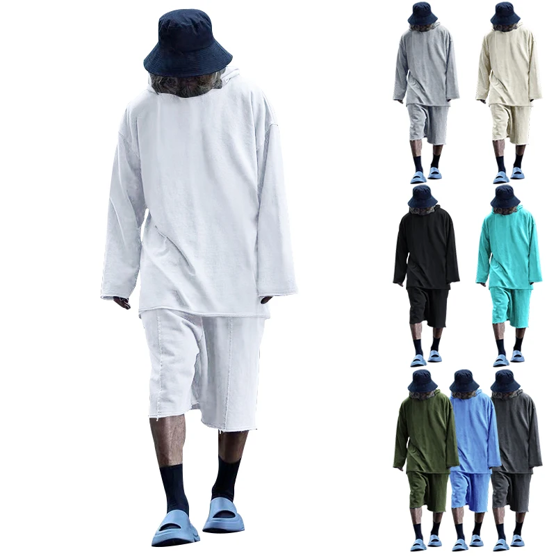 Summer Men's Set Cotton Shorts O-neck Hooded Sportswear Brand High-quality Oversized Casual Outdoor Sports 2-piece Set
