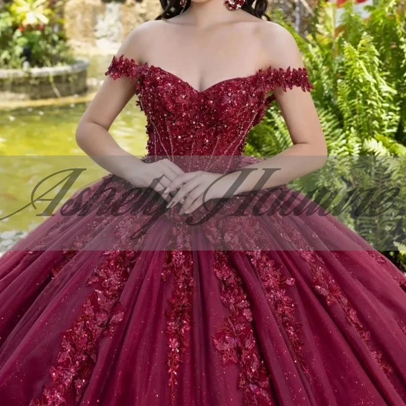 Mexican Wine Red Women Birthday Party Dresses Ball Gown Lace Applique Bow Vestido De xv Anos 15 Quinceanera Prom Wear