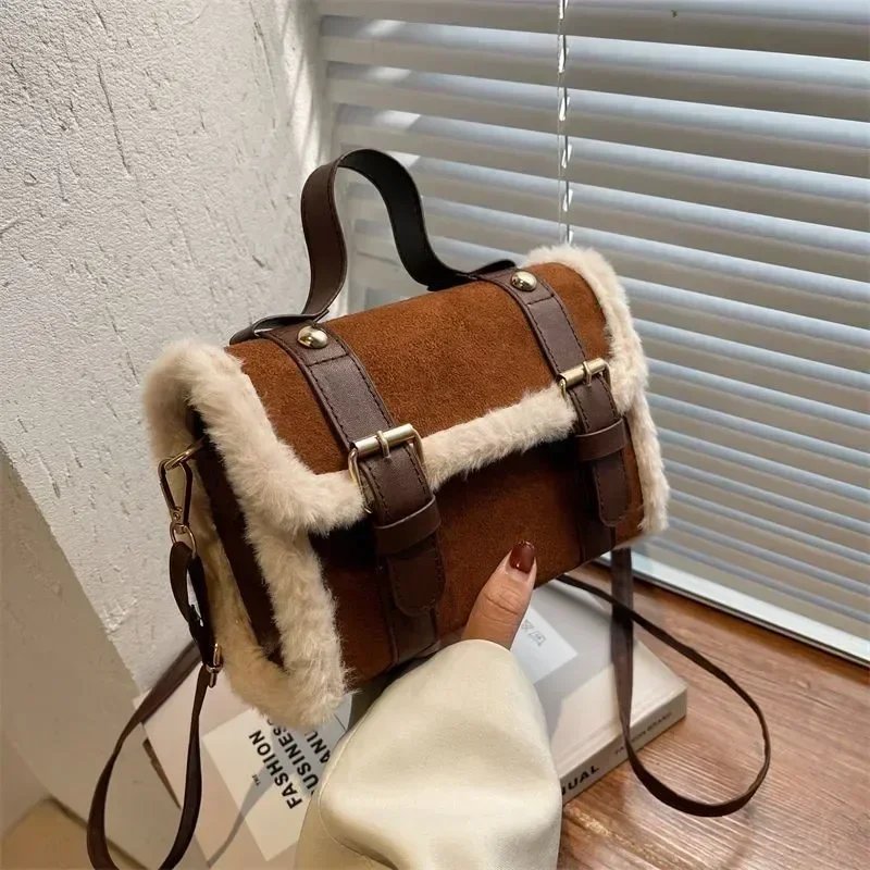 Women Handbags Lamb Wool Splicing Small Single Shoulder Crossbody Large Capacity Square