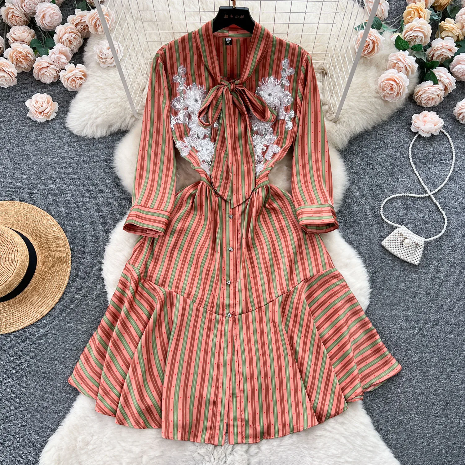 

Shirt Dress Women Autumn New Embroidered Contrast Striped Slim Fit Lotus Leaf Swing Dress 2023 fashion women's Clothing