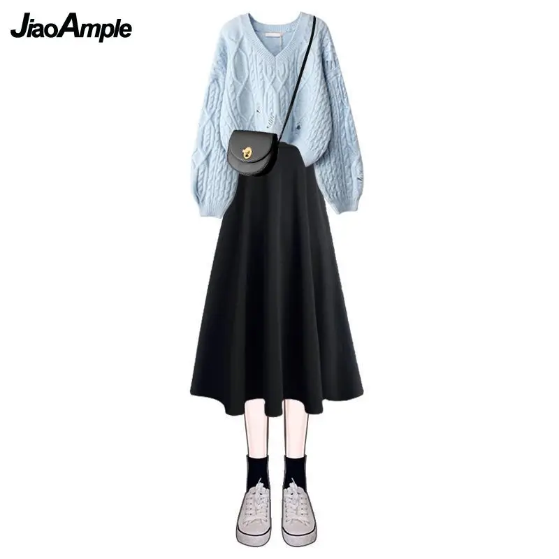 Women\'s Autumn Winter Suit 2023 New Loose Hole Sweater Dress Two Piece Korean Elegant V-Neck Knit Pullover Strap Skirt Set