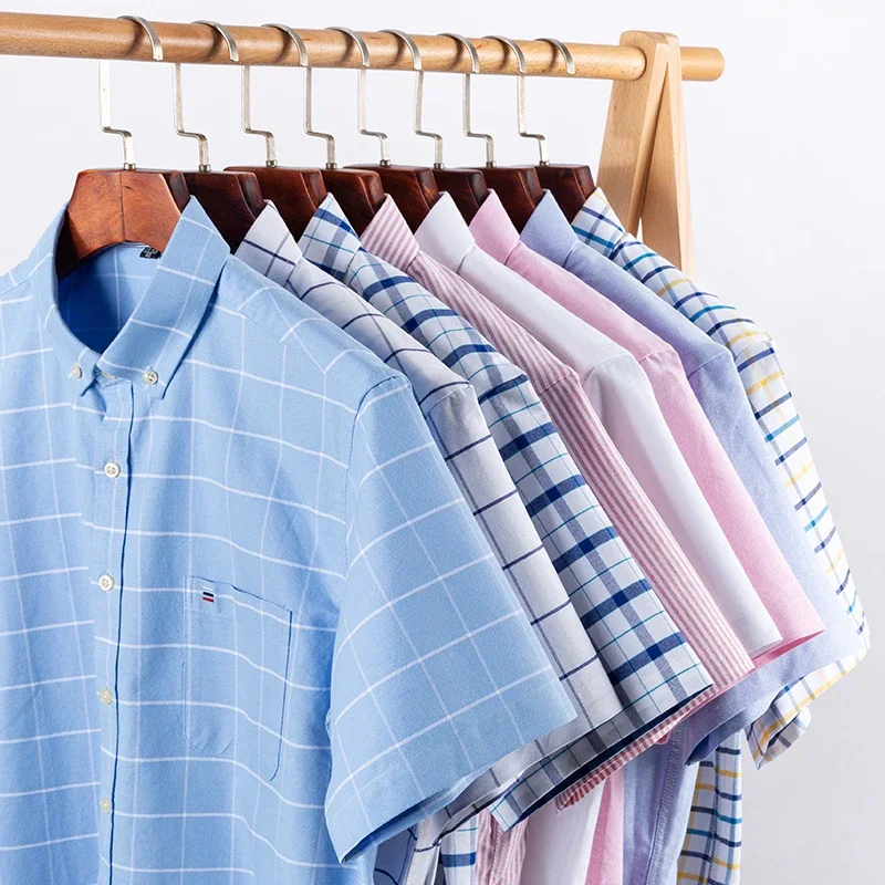 100% Cotton Breathable Men Oxford Short Sleeve Summer Plaid Shirts Striped Male Clothes Business Regular Fit Oversized 6