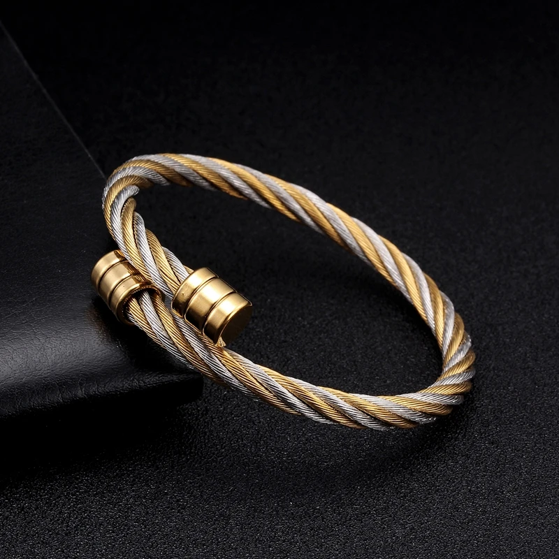 

Cool Brand Braided Stainless Steel Open Cuff Bracelets Men Women Jewelry Gold Color Sporty Chain Link Charm Bracelets Pulsera