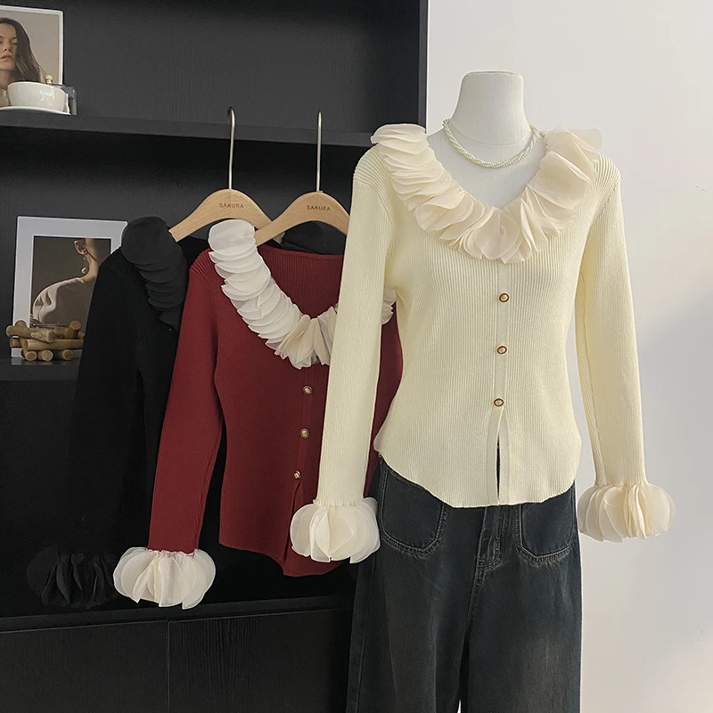 

French Chic Knitted Sweater Women Ruffles V-neck Flare Sleeve Female Elegant Pullovers Autumn Sweet Tops Sueter Mujer Dropship